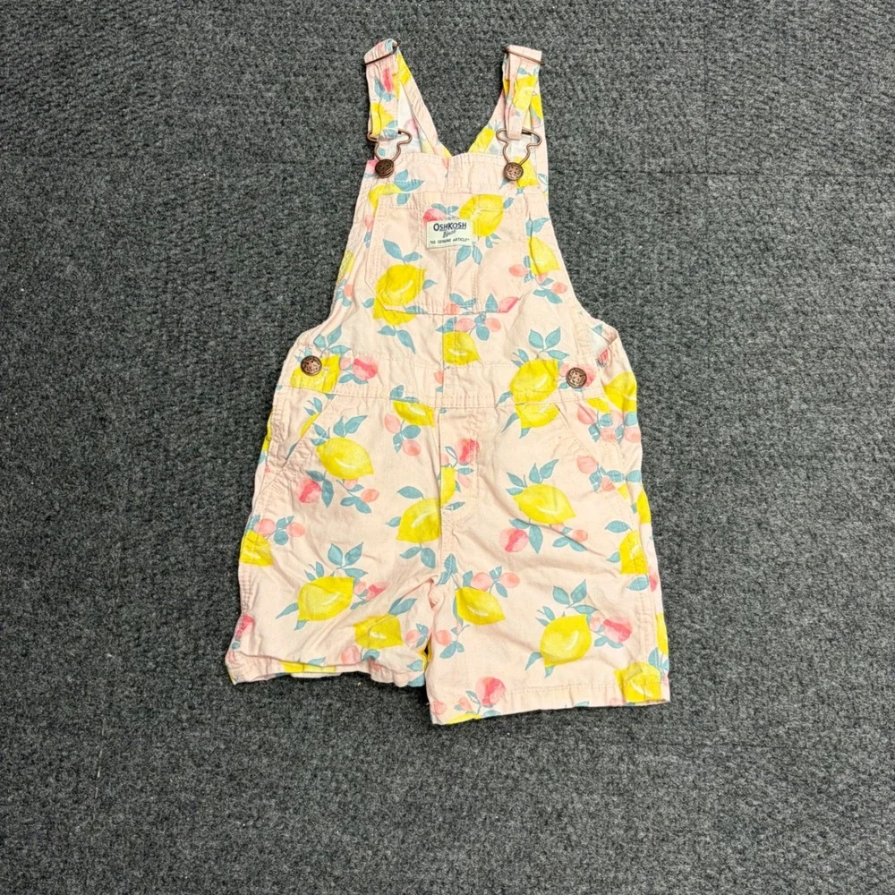 OshKosh Bgosh Toddler Girls 4T Pink Lemon Peach Fruit Print Vestbak Shortalls
